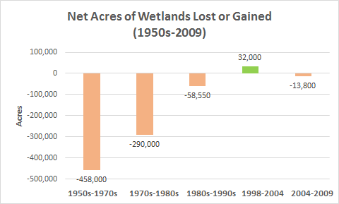 Wetland losses are decreasing, but it is evident they were decreasing long before the No Net Loss Policy was implemented. Despite one period of net gain it soon returned to a net loss unfortunately.